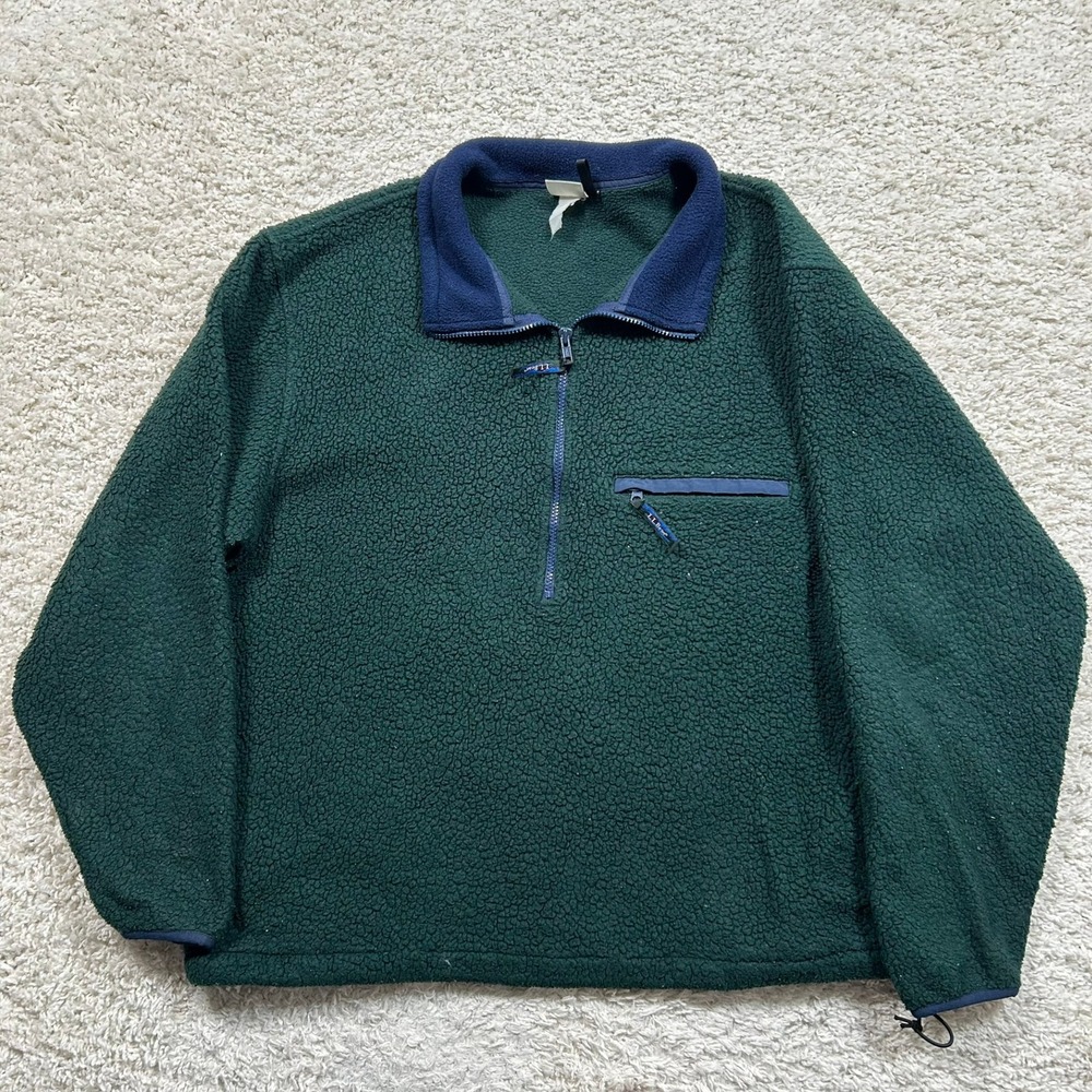 Vintage LL Bean Fleece Pullover Sweater XL Green Quarter Zip Sherpa Deep Pile